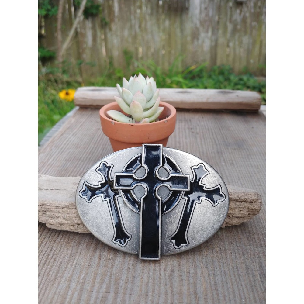 Vintage Three Crosses Belt Buckle // Black Cross Buckle